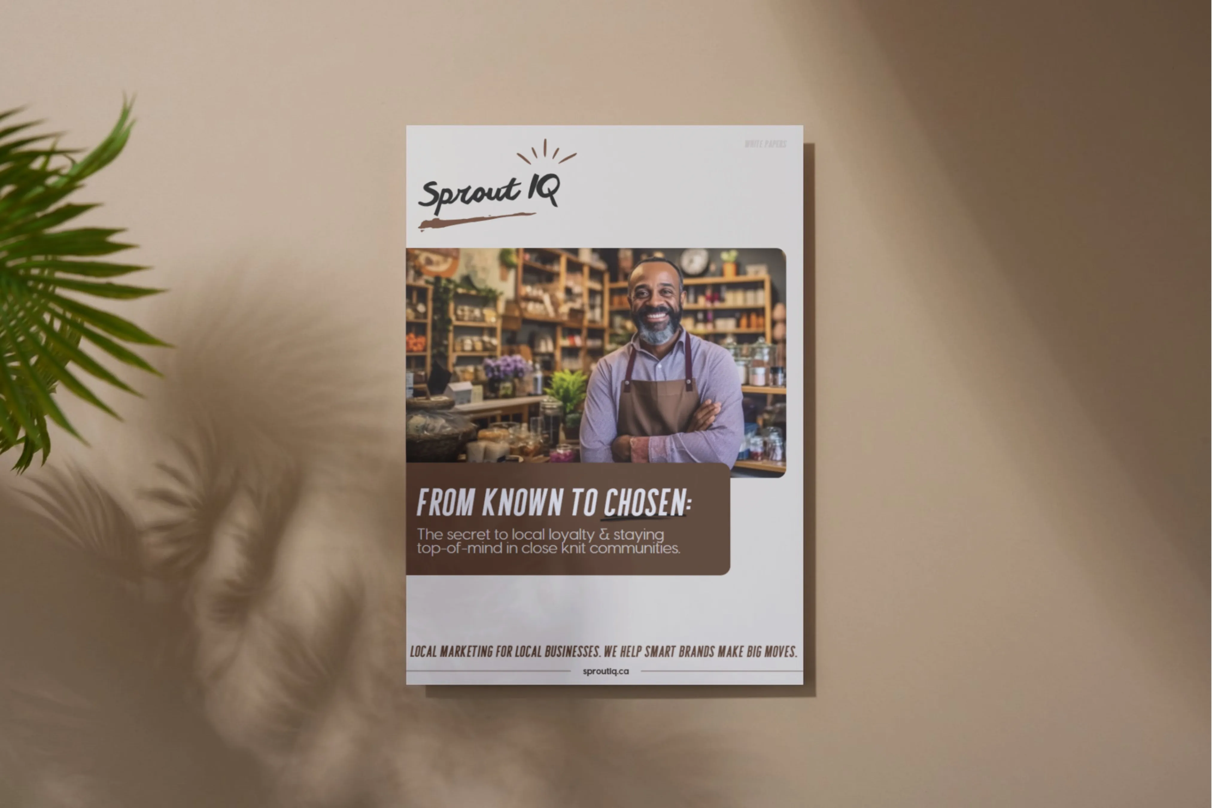 Cover of the 'From Known to Chosen' local marketing guide by Sprout IQ, featuring a smiling Belleville small business owner.