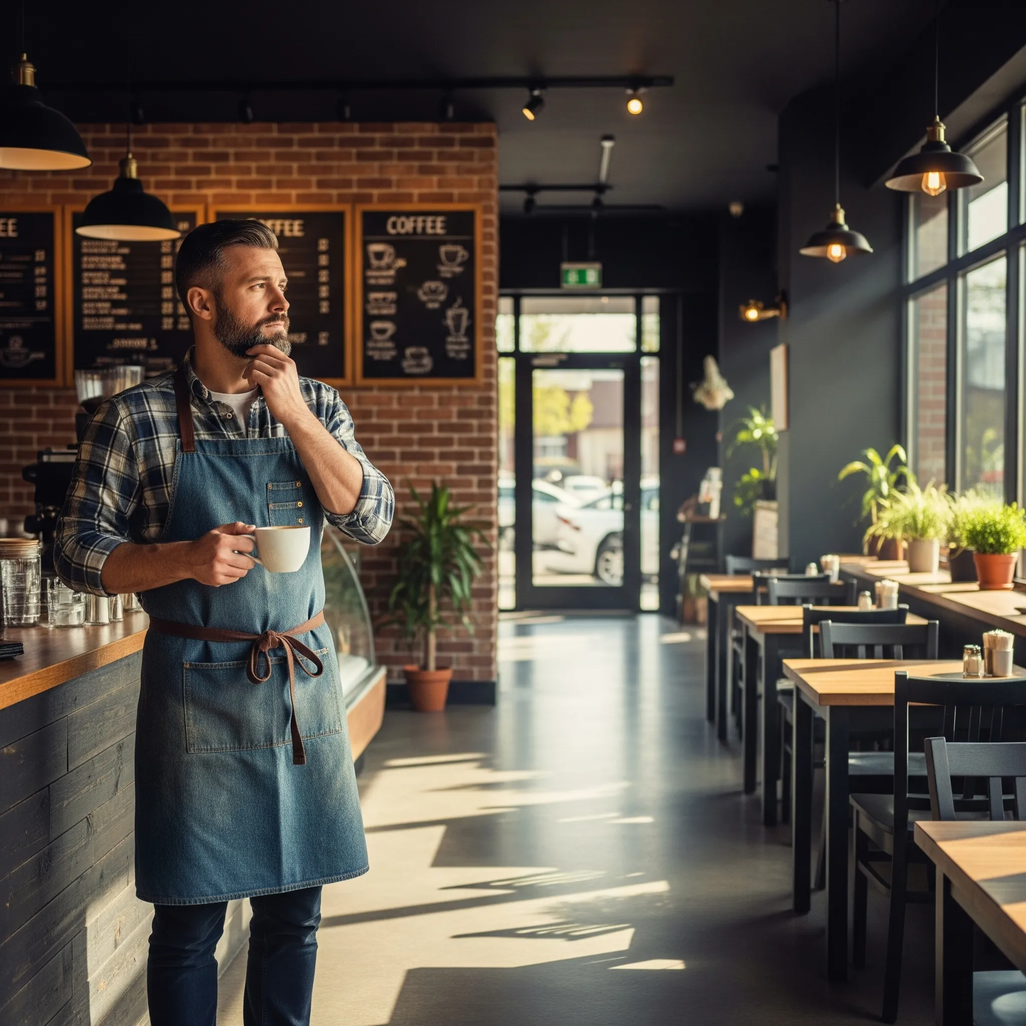 A small business owner in Belleville contemplating his marketing strategy while looking over his quiet coffee shop.