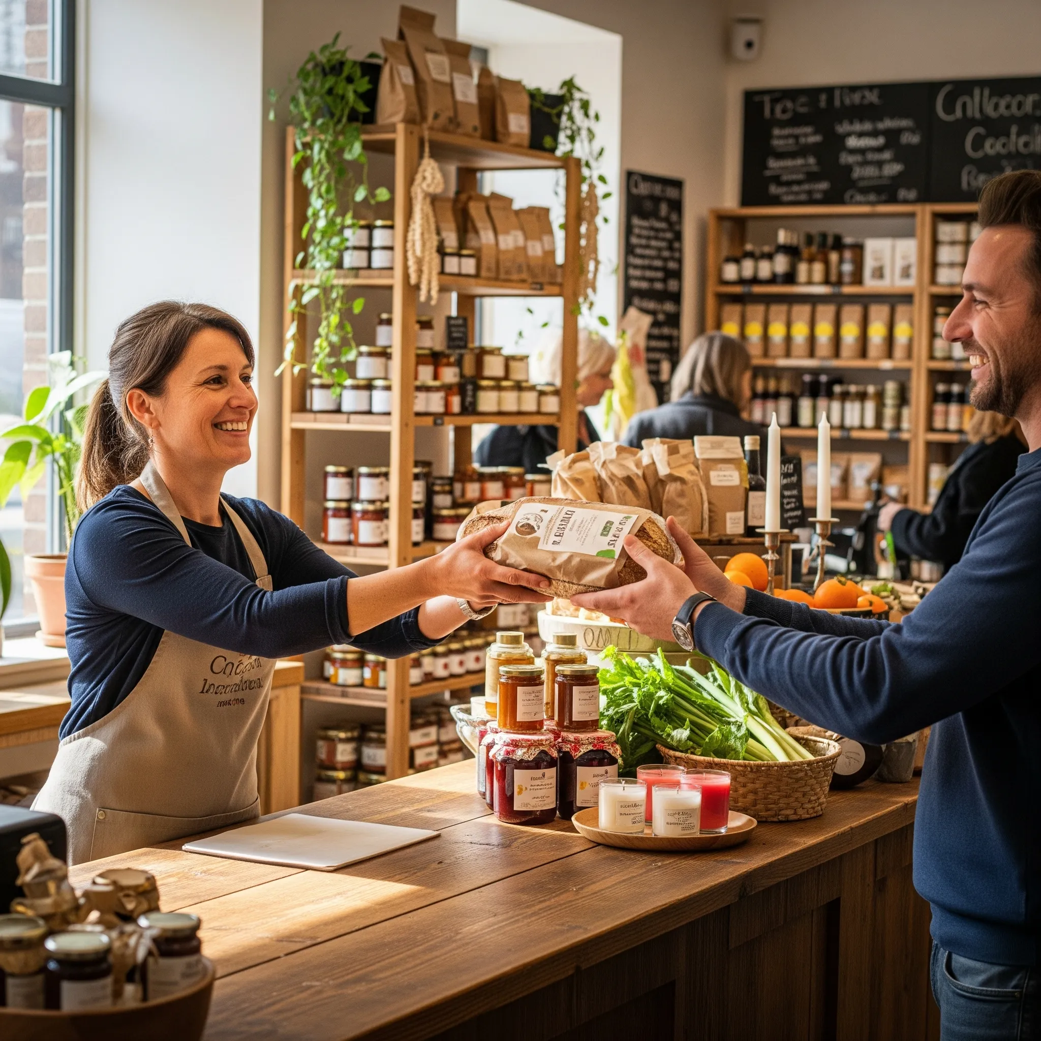 A thriving local Belleville business owner building customer loyalty by serving a happy client in her busy shop.