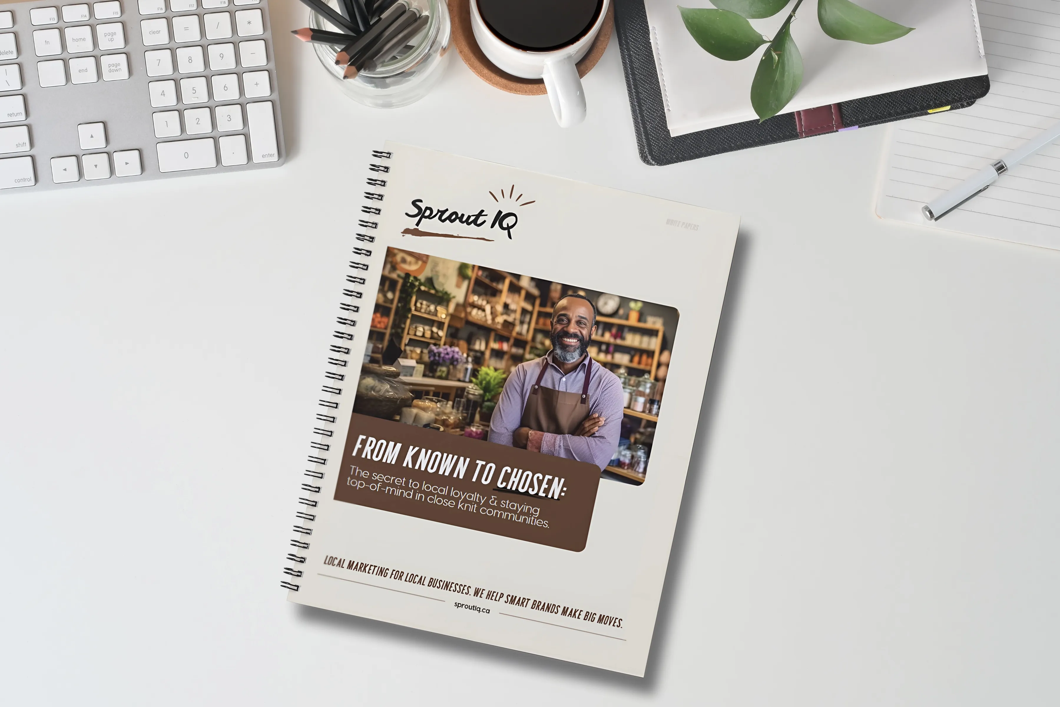 Sprout IQ marketing guide titled "From Known to Chosen: The secret to local loyalty" is displayed on a modern desk, illustrating local marketing strategies for small businesses.