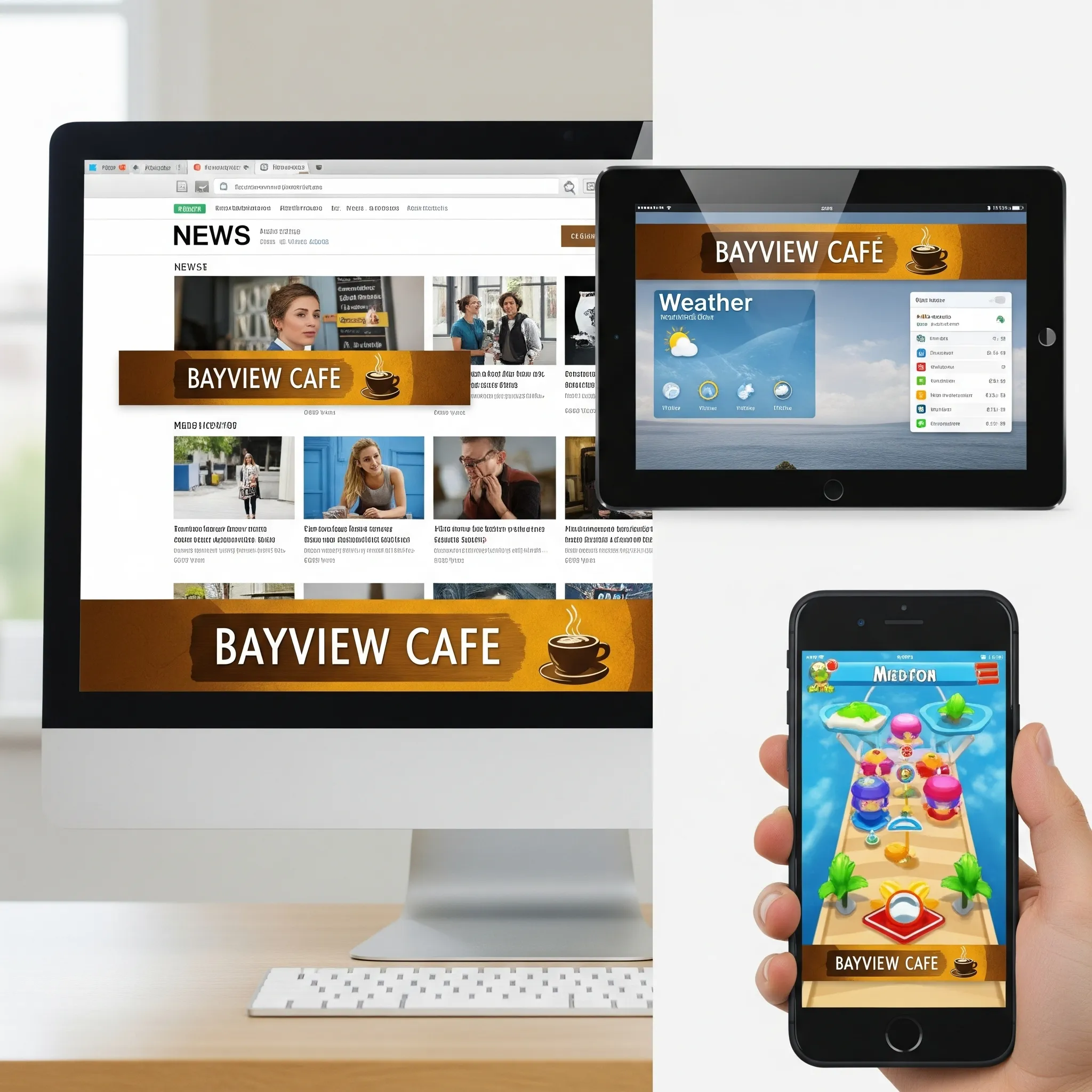 A mockup showing how 'Bayview Cafe' banner ads would appear on the Google Display Network across multiple devices: a desktop computer displaying a news website, a tablet with a weather app, and a smartphone showing a mobile game.