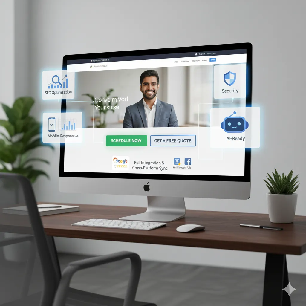 A modern desktop computer displaying a professional website with a male businessperson in the hero section. Overlayed around the screen are glowing icons representing 'SEO Optimization,' 'Mobile-Responsive,' 'Security,' and 'AI-Ready.' Below the main website content, there are icons for 'Google Reviews' and 'Facebook Ads' indicating 'Full Integration & Cross-Platform Sync.' The computer sits on a clean wooden desk with a minimalist plant, conveying a sense of digital marketing, web development, and online business strategy.