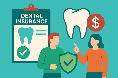 Simple flat illustration of a tooth, shield, and dental insurance form in teal, red, blue, orange, and green tones.
