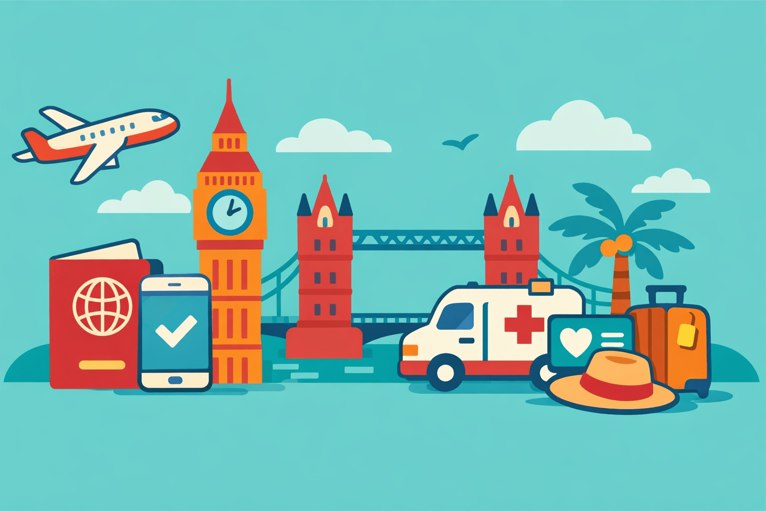 Simple flat illustration showing UK landmarks with travel and healthcare symbols, including an airplane, passport, smartphone, luggage, and ambulance, representing UK travel requirements and medical coverage for Canadians.
