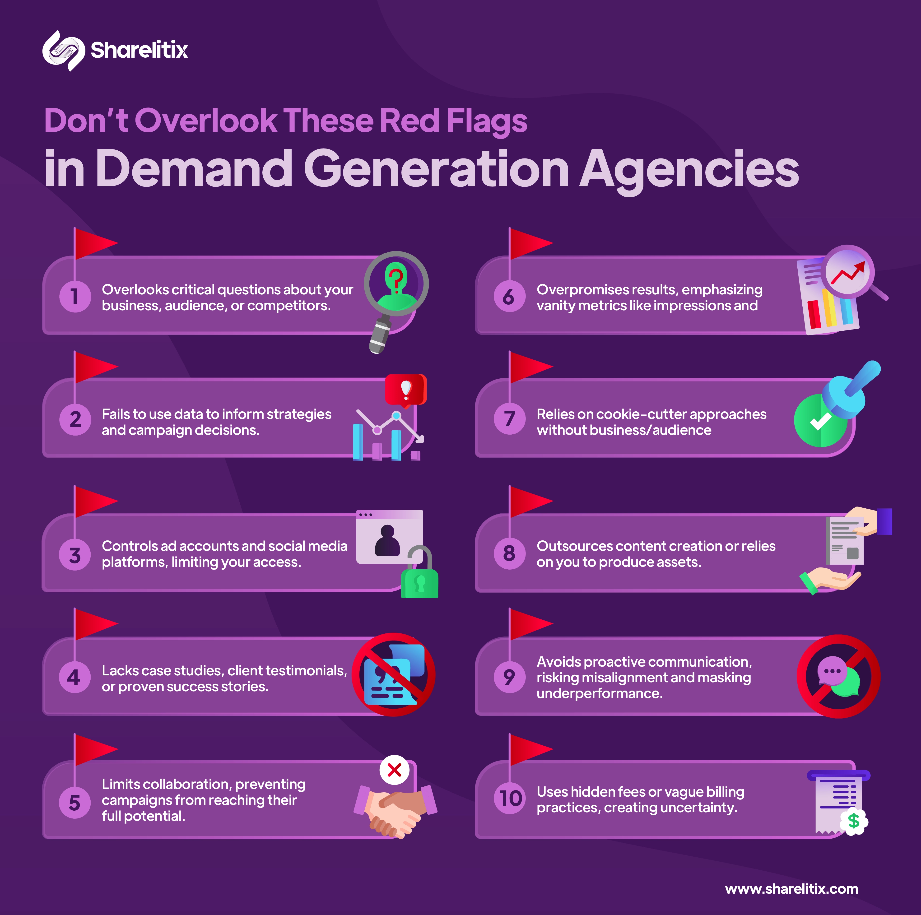 Infographic showing 10 red flags to avoid when choosing a demand generation agency, including vanity metrics, lack of strategy, poor communication, and hidden fees.