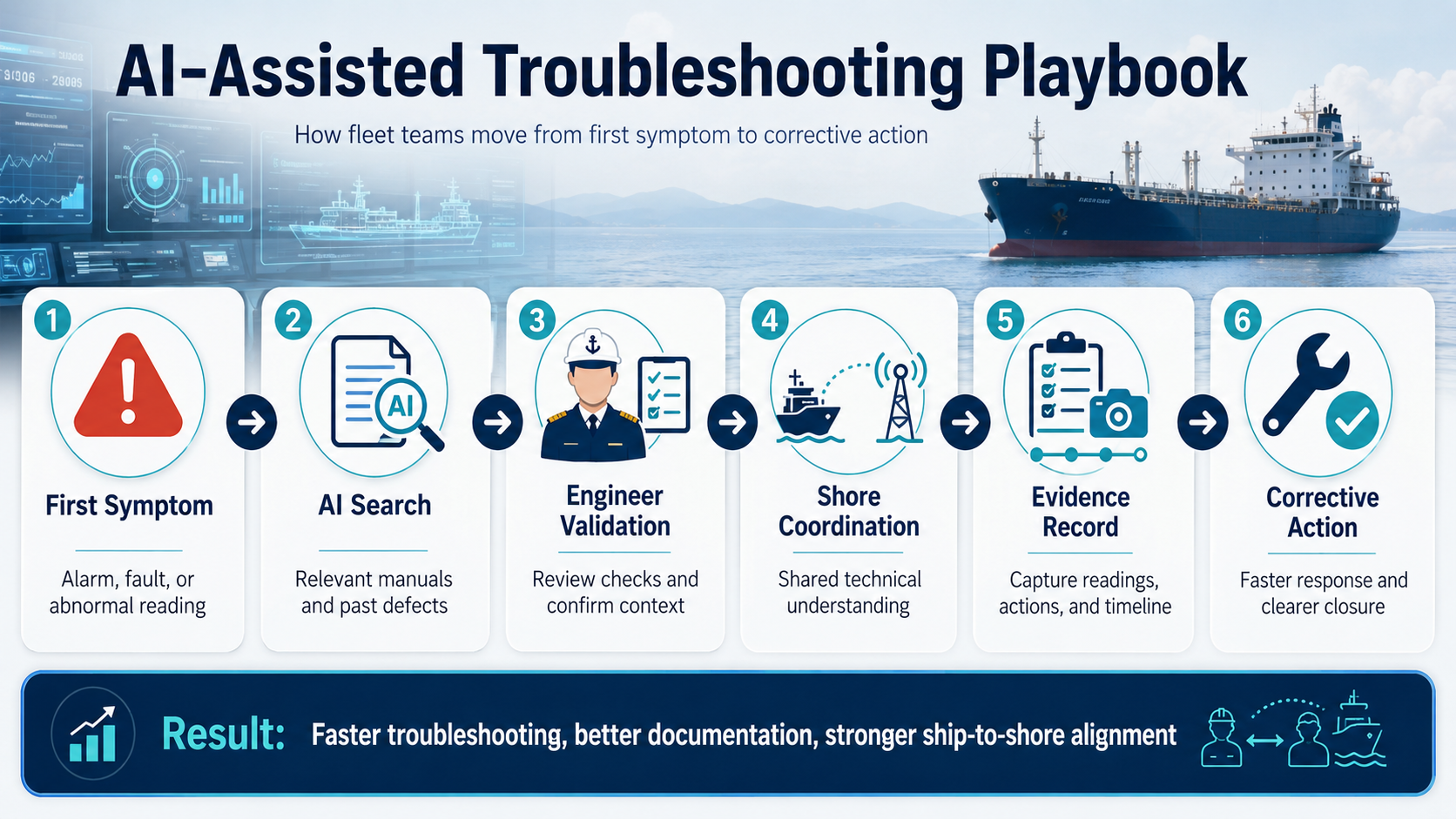 AI-assisted troubleshooting playbook for maritime fleet teams.