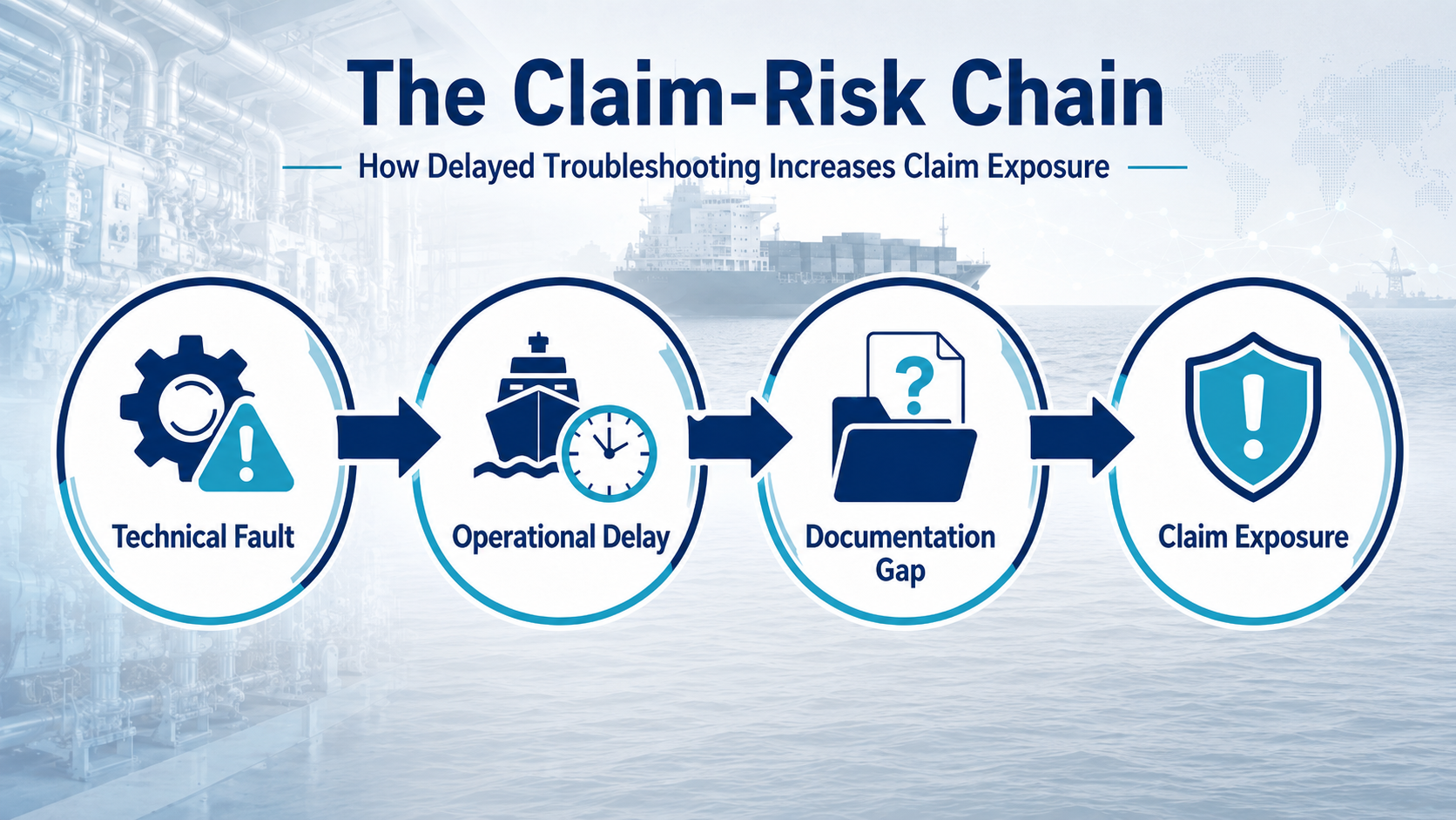 Claim-risk chain caused by delayed maritime troubleshooting.