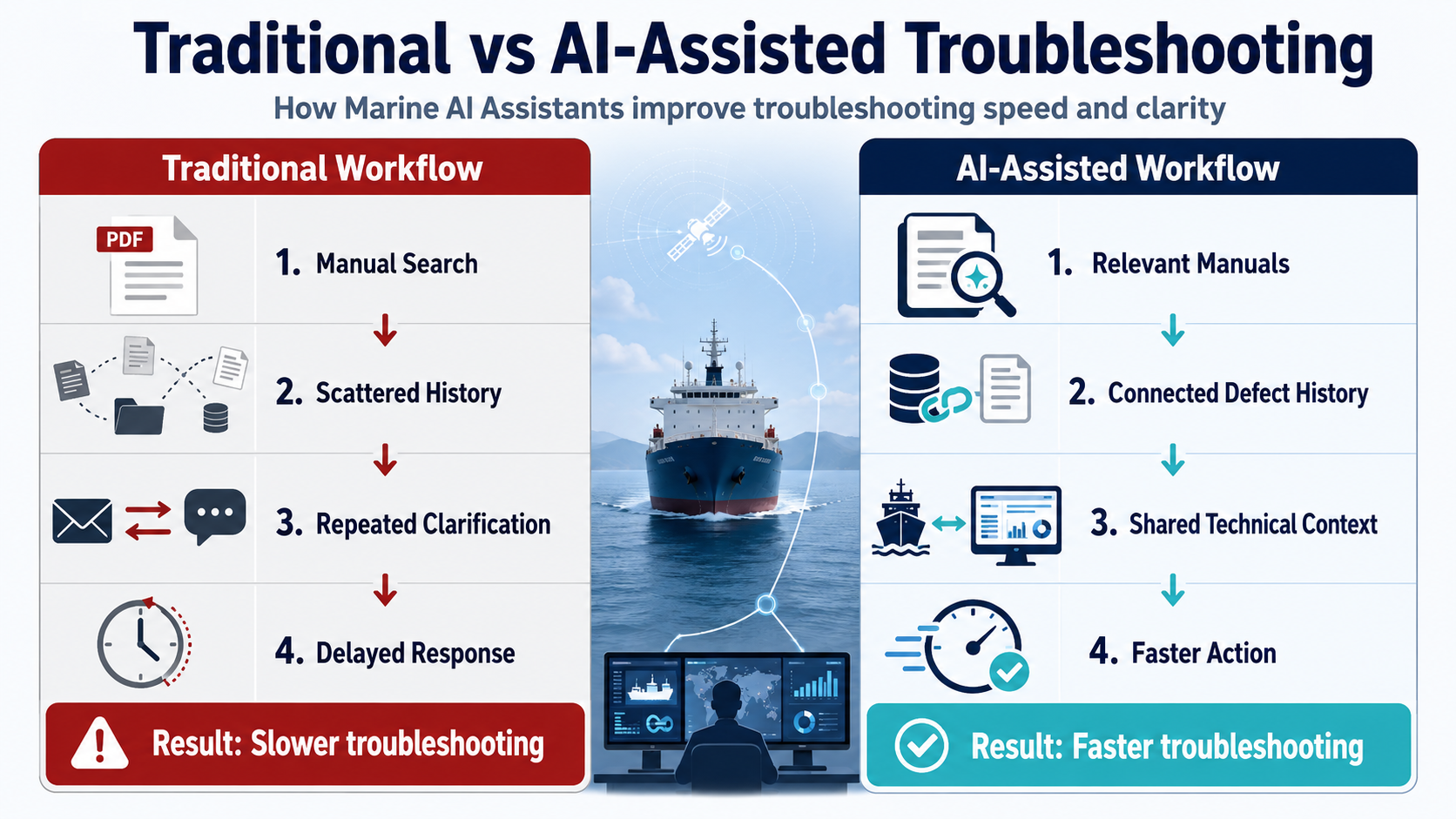 Traditional maritime troubleshooting compared with Marine AI Assistant workflow.