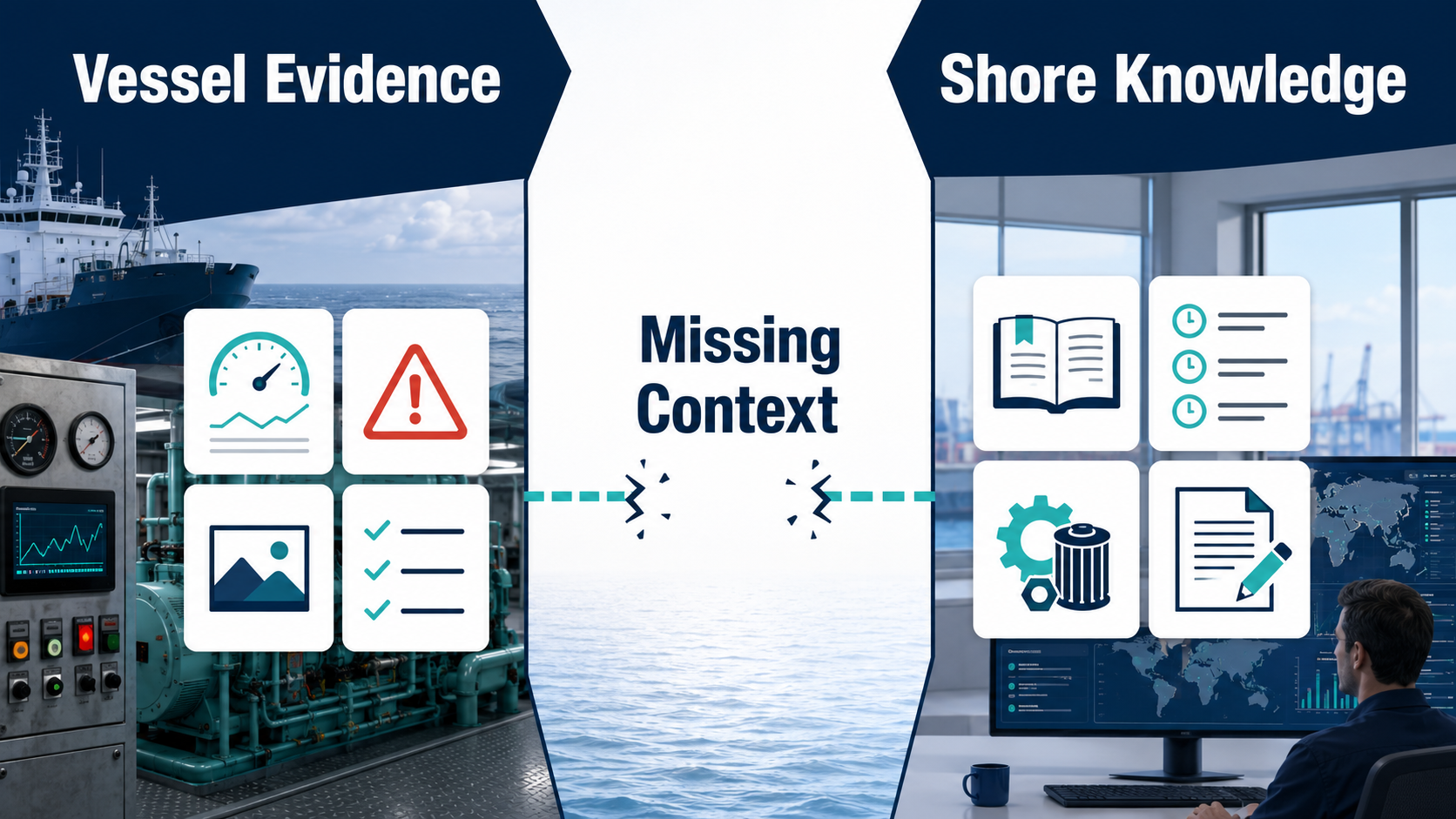 Vessel evidence and shore technical knowledge separated by a ship-to-shore context gap.