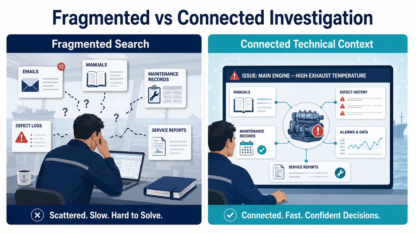 Fragmented machinery troubleshooting compared with an AI-supported connected workflow.