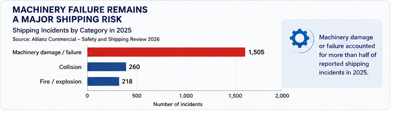Allianz Commercial 2026 data showing machinery damage and failure as the leading reported shipping incident category in 2025. 