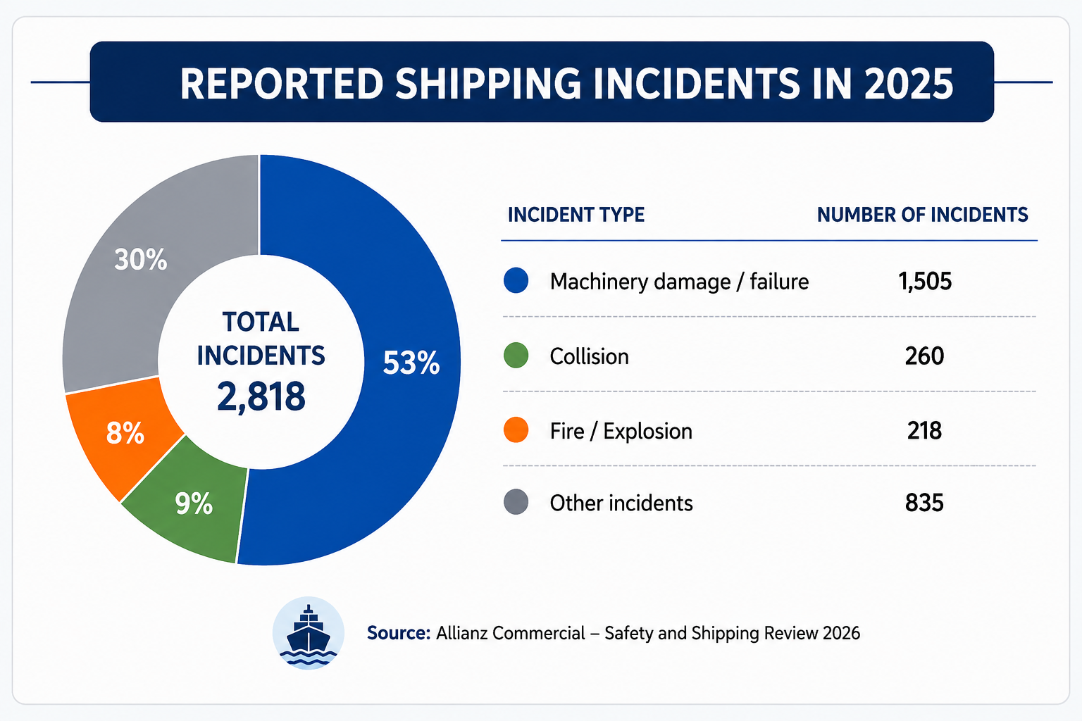Reported shipping incidents in 2025 showing machinery damage and failure as the leading incident category.