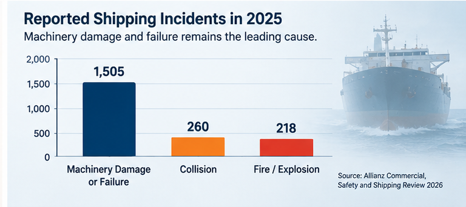 Allianz 2026 shipping safety data showing machinery damage and failure as the leading cause of reported shipping incidents in 2025.