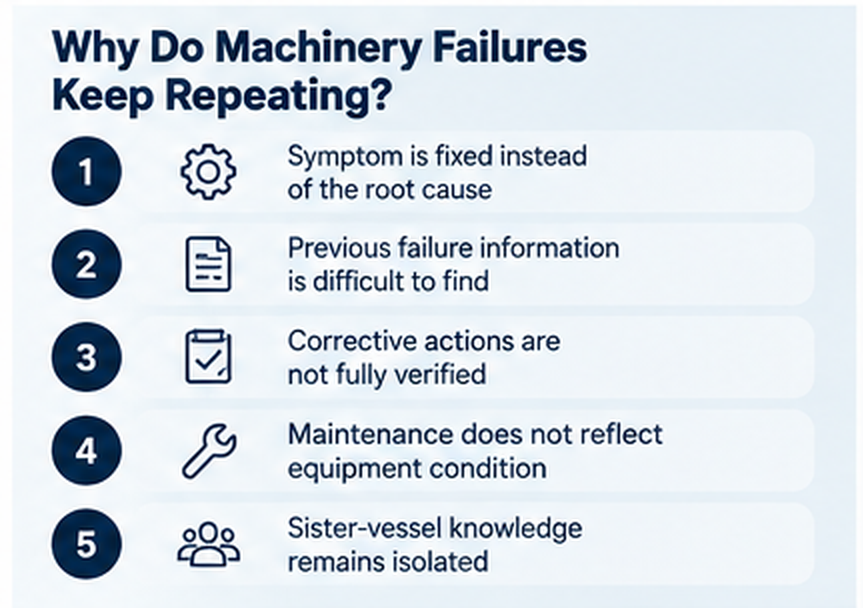 Five reasons machinery failures keep repeating on ships, including unresolved root causes and isolated maintenance knowledge 