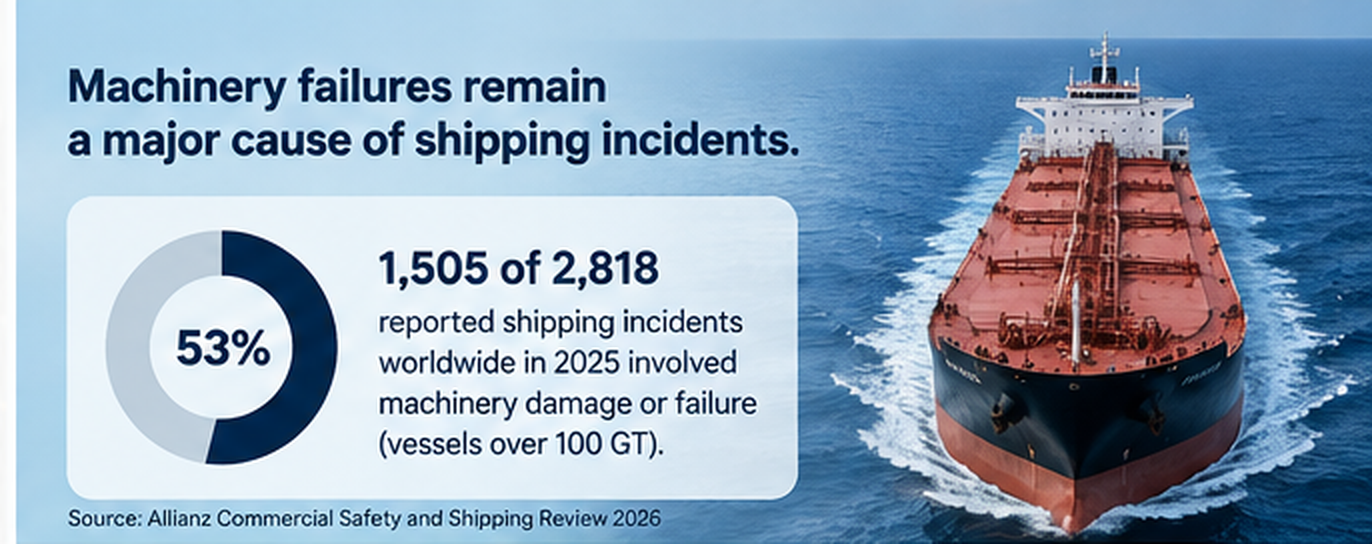 Machinery damage or failure accounted for 1,505 of 2,818 reported shipping incidents worldwide in 2025 