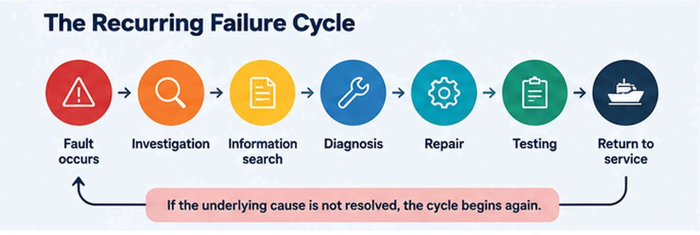 Recurring machinery failure cycle showing fault investigation, information search, diagnosis, repair, testing and return to service 