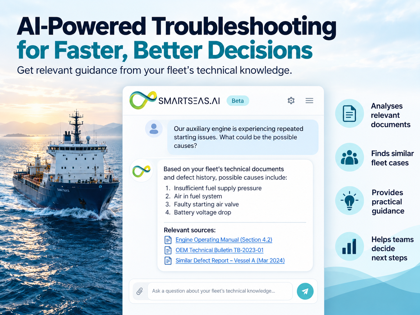AI-powered maritime troubleshooting assistant retrieving technical manuals and previous defect records to support vessel machinery diagnostics.