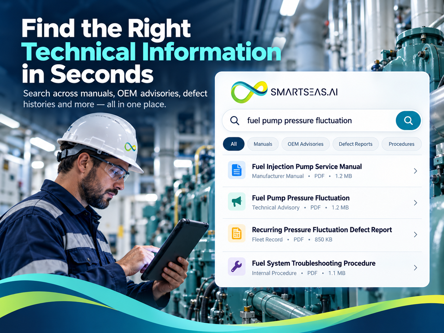 Marine engineer accessing machinery manuals, OEM advisories and historical defect reports through a centralised technical knowledge platform.