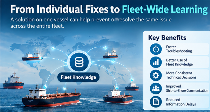 Maritime fleet knowledge management connecting previous machinery repairs and troubleshooting experience across multiple vessels.