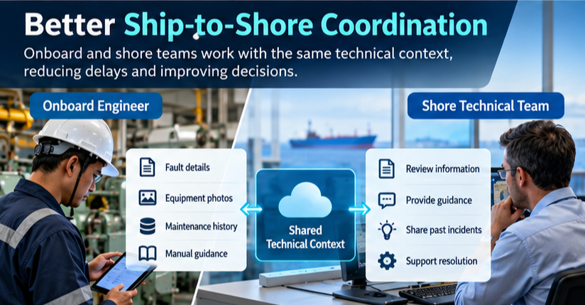 Ship-to-shore communication between onboard marine engineers and technical superintendents using shared vessel information.
