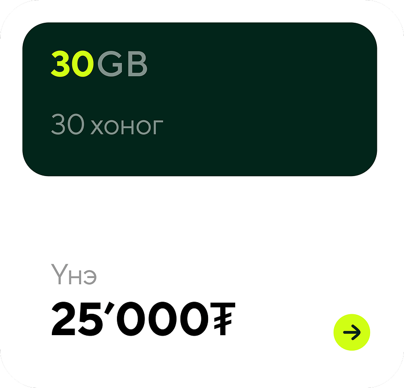Data plan with 30 GB for 30 days costing 25,000 Mongolian tögrög.