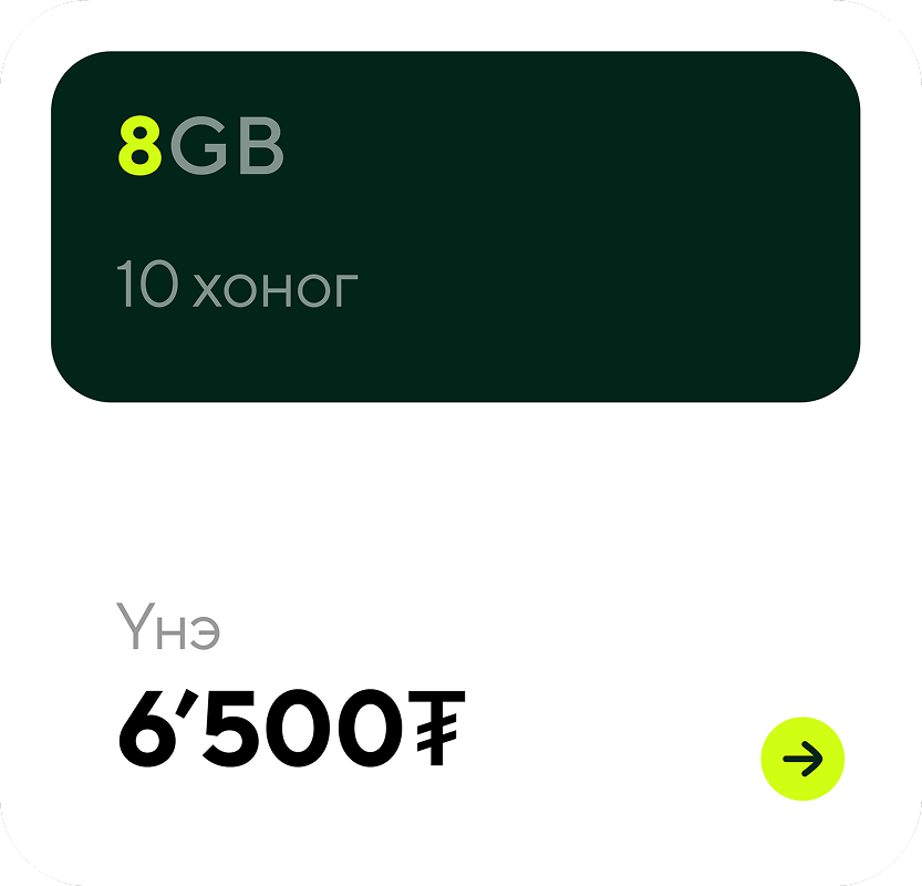 Mobile plan offering 8GB data for 10 days priced at 6,500 Mongolian tögrög.
