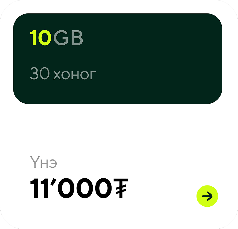 Mobile data plan card showing 10 GB for 30 days priced at 11,000 Mongolian tögrög with a right arrow button.