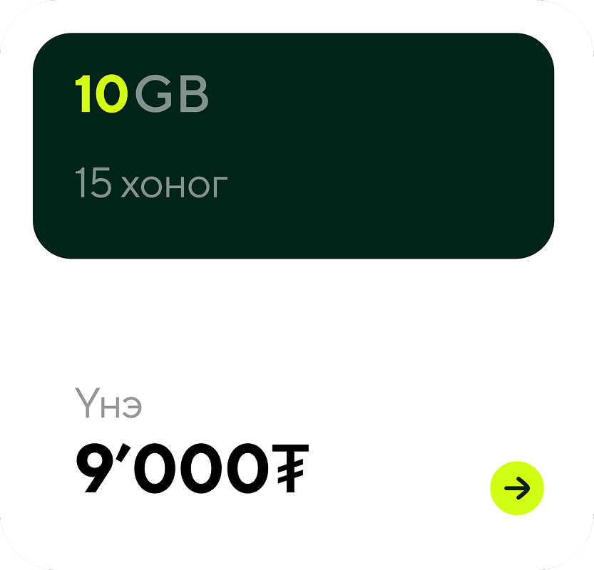 Data plan card showing 10 GB for 15 days at a price of 9,000₮ with a green arrow button.