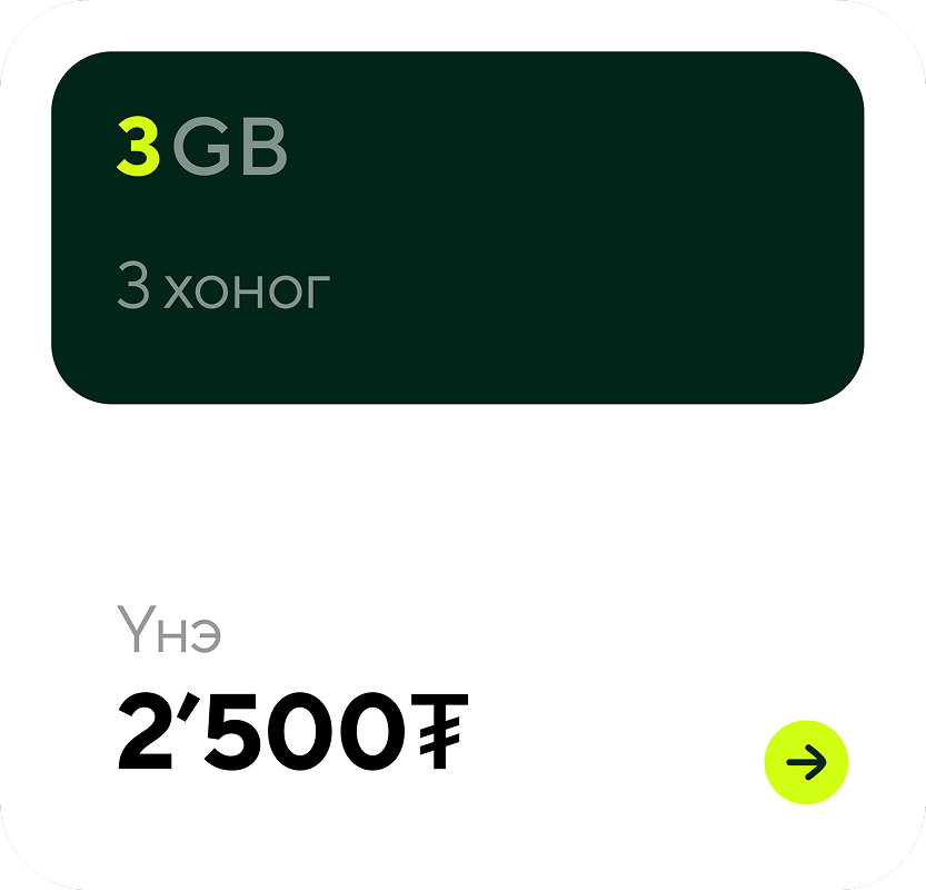 Mobile data plan card showing 3 GB for 3 days at a price of 2,500 Mongolian tögrög.