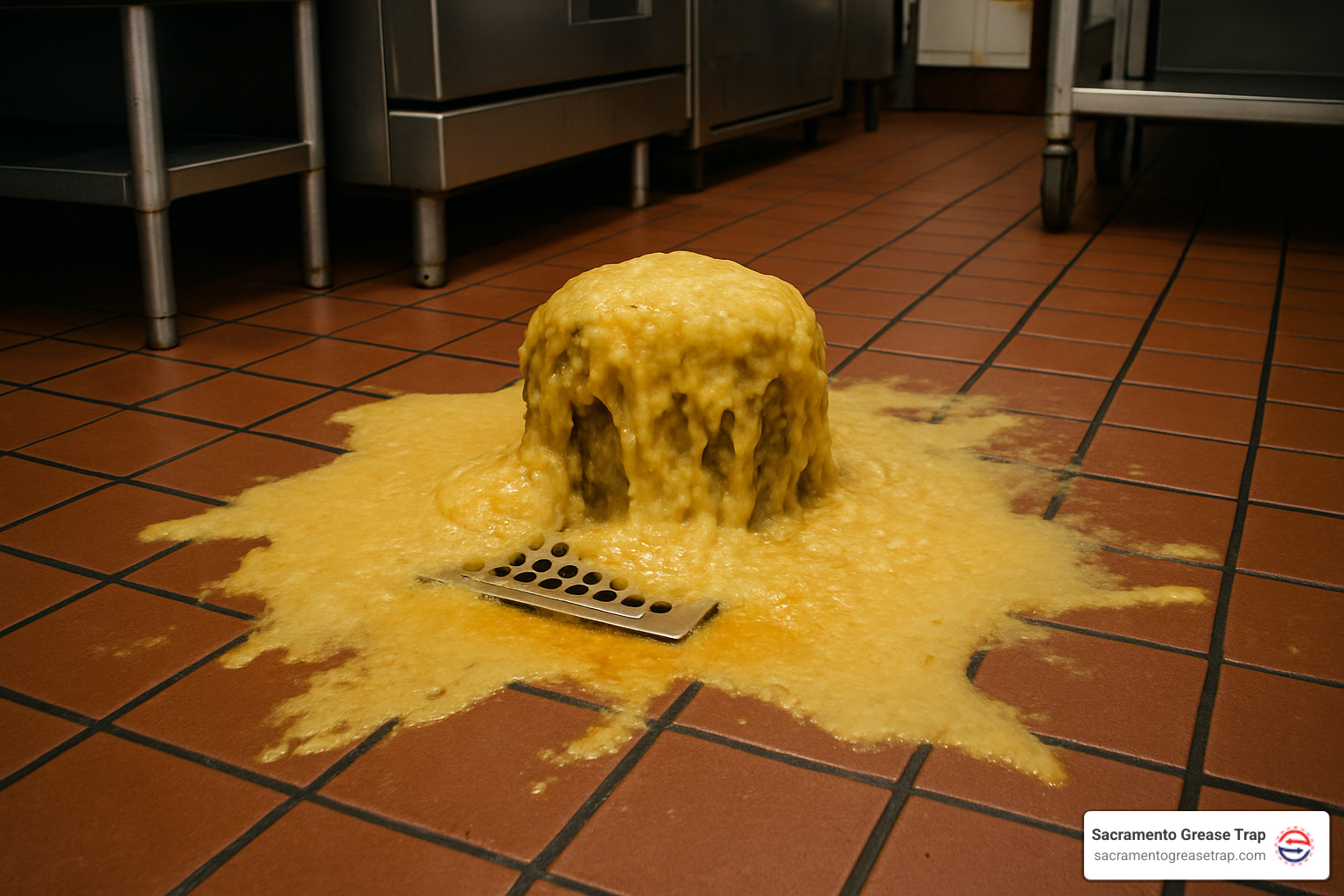 overflowing floor drain with grease buildup - grease trap cleaners near me