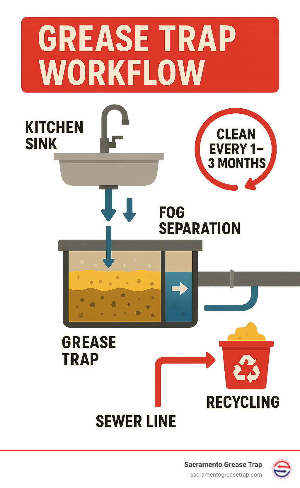 Infographic showing grease trap workflow from kitchen sink through baffle system to sewer line, with arrows indicating FOG separation process, cleaning intervals, and recycling pathway for collected waste - grease trap cleaners near me infographic 