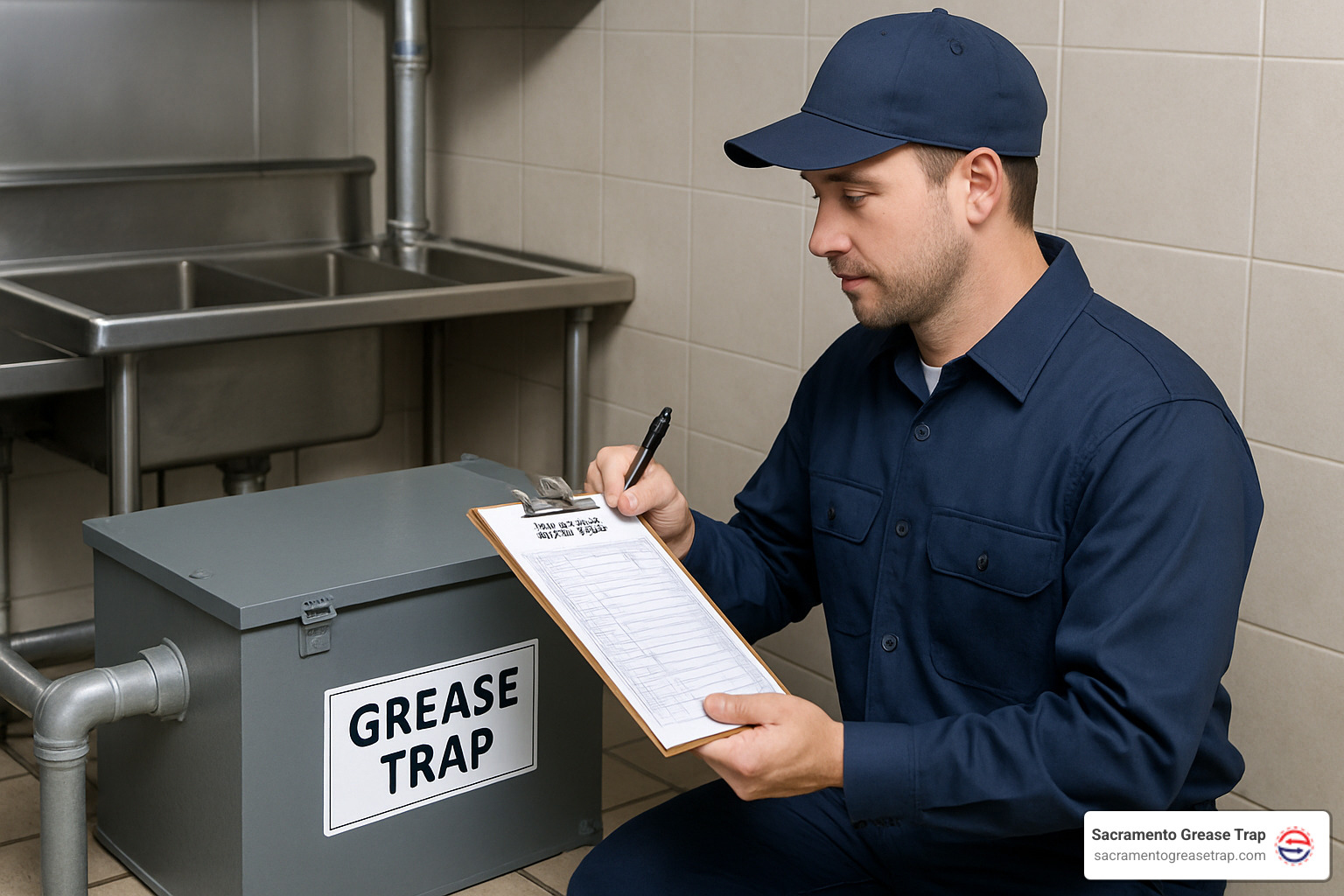 technician completing service log documentation - grease trap cleaners near me