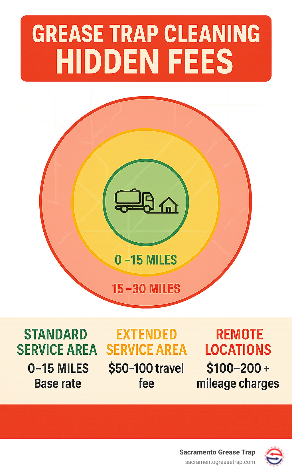 Infographic showing mileage tier pricing with standard service area (0-15 miles) at base rate, extended service area (15-30 miles) adding $50-100 travel fee, and remote locations (30+ miles) adding $100-200 plus mileage charges, with visual map representation - grease trap cleaning hidden fees infographic 