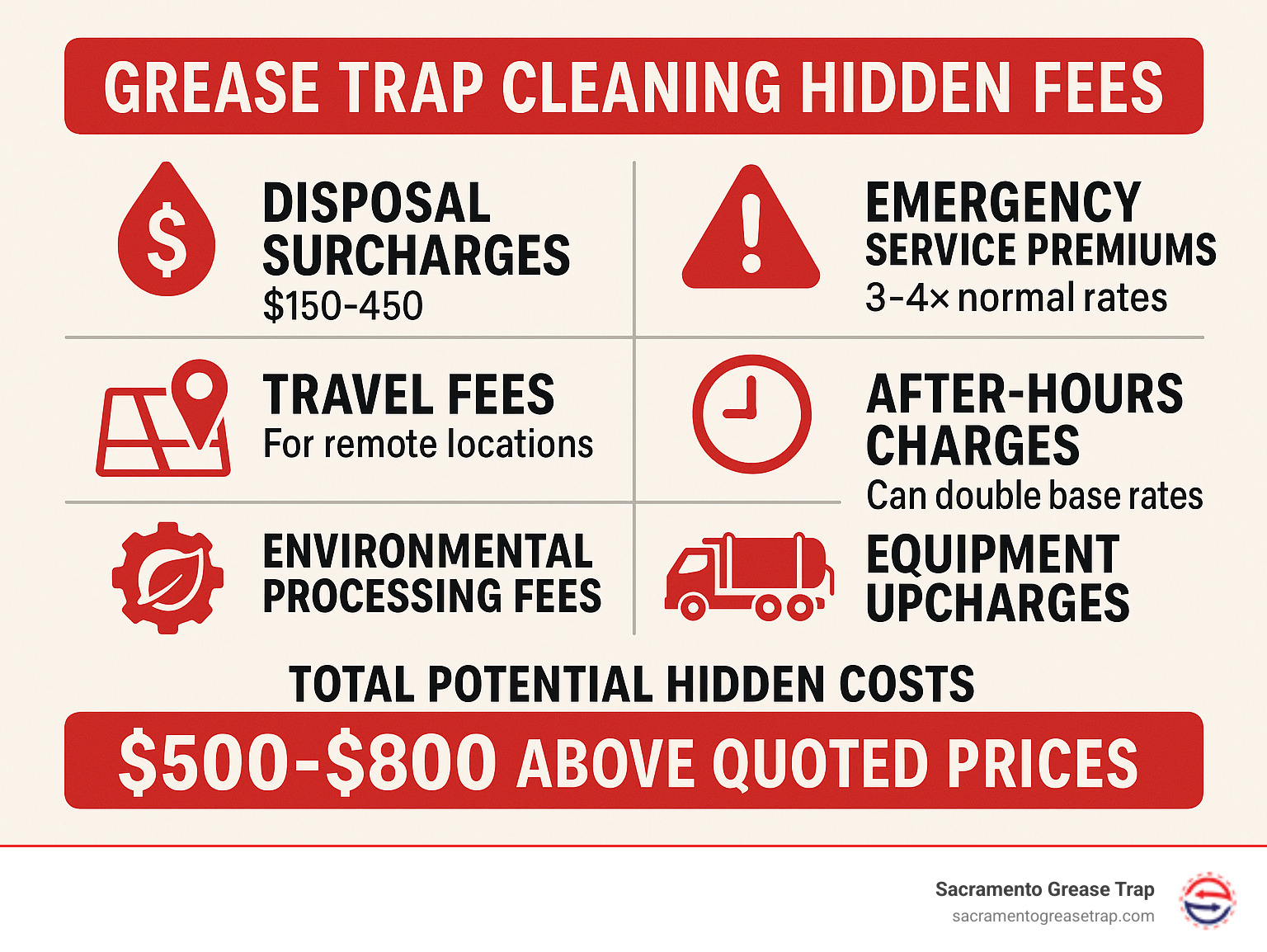 Infographic showing breakdown of grease trap cleaning hidden fees including disposal surcharges ranging from $150-450, emergency service premiums of 3-4x normal rates, travel fees for remote locations, after-hours charges that can double base rates, environmental processing fees, and equipment upcharges, with total potential hidden costs reaching $500-800 above quoted prices - grease trap cleaning hidden fees infographic 