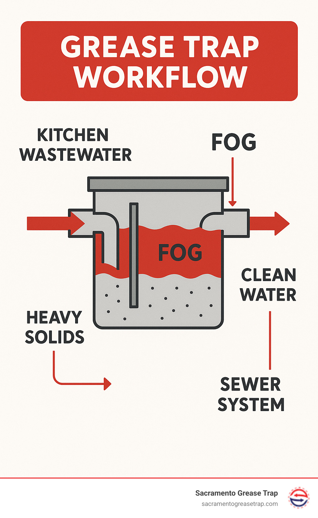 Infographic showing grease trap workflow: kitchen wastewater enters trap, heavy solids settle to bottom, FOG floats to surface, clean water exits to sewer system, with arrows indicating proper flow direction and baffle placement - grease trap companies near me infographic 