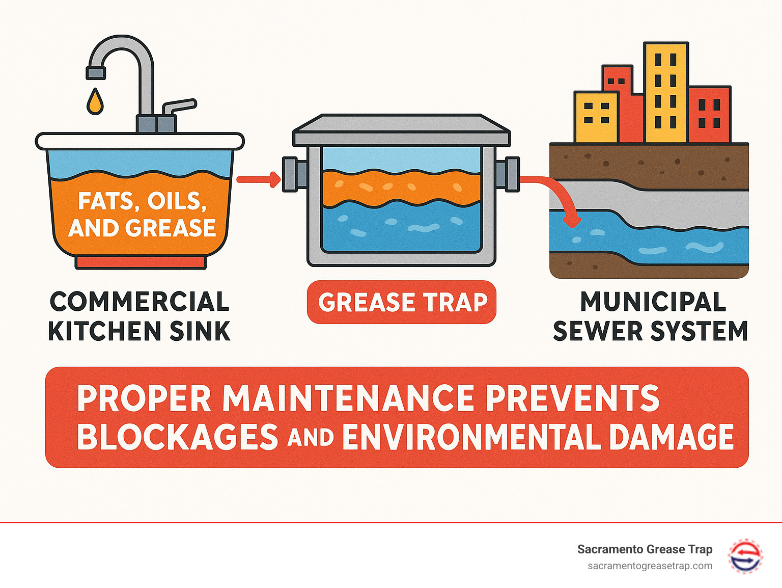 Infographic showing the journey of fats, oils and grease from commercial kitchen sink through grease trap to municipal sewer system, highlighting how proper maintenance prevents blockages and environmental damage - grease trap pumping sacramento infographic 
