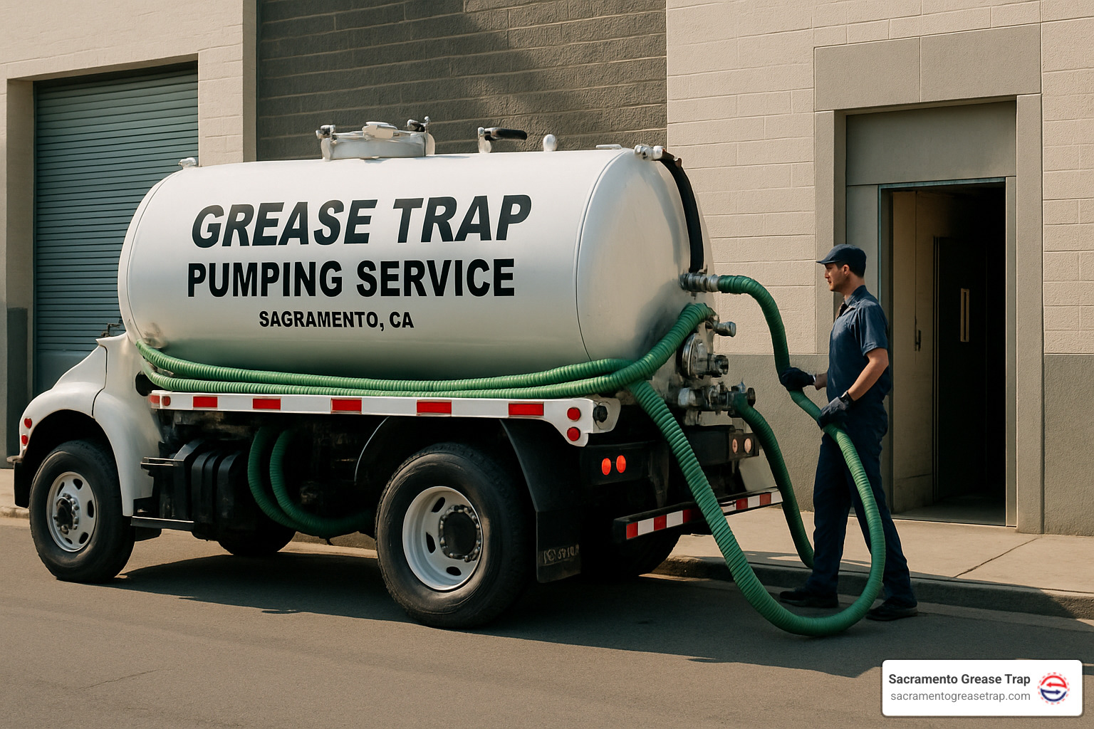 Professional grease trap pumping service truck at commercial kitchen - grease trap pumping sacramento
