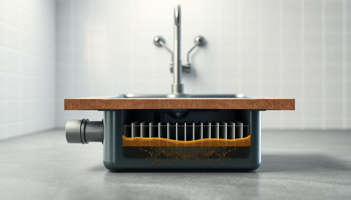 A cross-sectional diagram showcasing the inner workings of a grease trap. In the foreground, a detailed cutaway view reveals the trap's baffles, inlet and outlet pipes, and the accumulated grease layer. The middle ground depicts the trap's connection to the sink or drainage system, highlighting its strategic placement. The background features a clean, minimalist environment, emphasizing the trap's functional role. Lighting is soft and diffused, creating a technical yet informative atmosphere. The perspective is slightly elevated, providing a clear overview of the grease trap's purpose and mechanism.