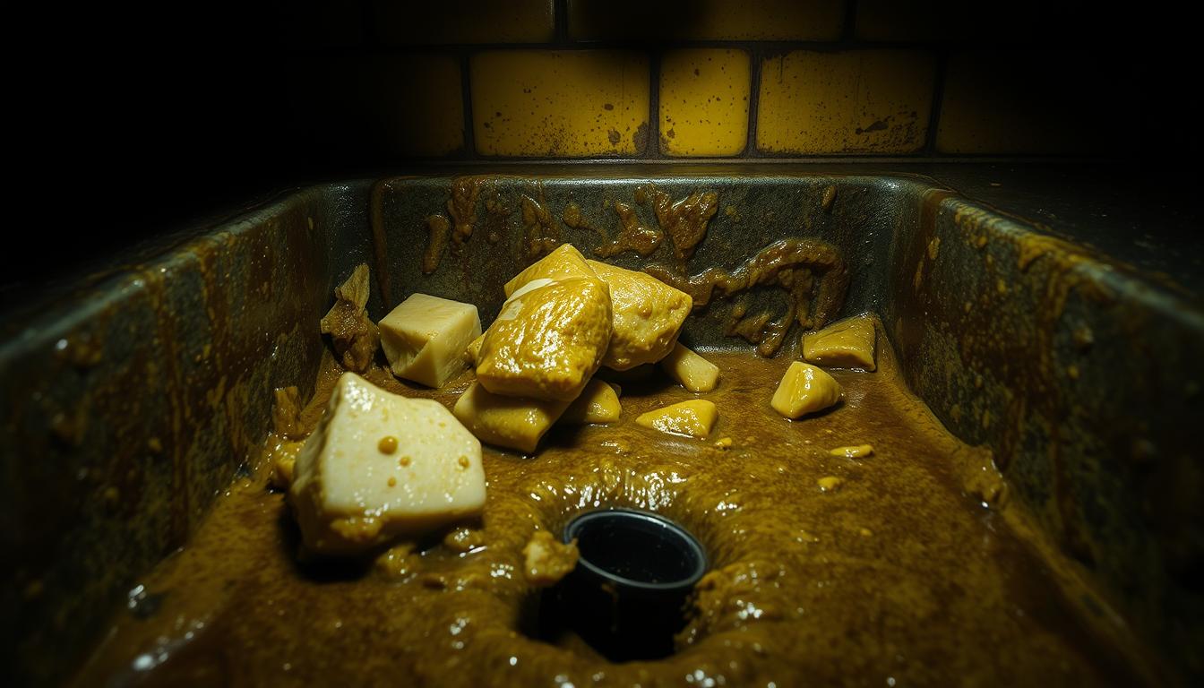 A cluttered grease trap, its surfaces coated in a thick, greasy sludge. Chunks of solidified fat cling to the sides, partially blocking the drainage inlet. The trap's contents have reached their maximum capacity, signaling the need for immediate cleaning. Overhead, a dim, yellow-tinted light casts long shadows, creating a moody, industrial atmosphere. The camera angle is low, capturing the trap from a front-on perspective, highlighting the urgency of the situation. The lens is set to a medium focal length, keeping the entire trap in focus while providing a sense of depth and detail.