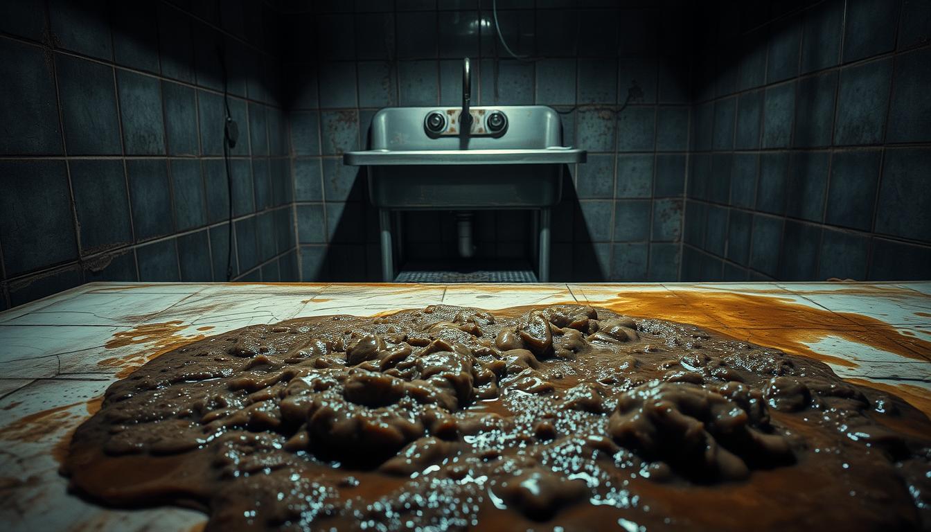 A dimly lit kitchen interior, the neglected grease trap in the foreground overflowing with a thick, congealed mess. The countertops are stained, and the surrounding tiles are cracked and discolored. In the middle ground, a rusting metal sink sits unused, its drain clogged with debris. The background is shrouded in shadows, hinting at the general disrepair of the space. The lighting is harsh, casting harsh shadows that emphasize the grime and decay. The overall atmosphere is one of neglect and a lack of proper maintenance, conveying the consequences of failing to properly maintain a grease trap.