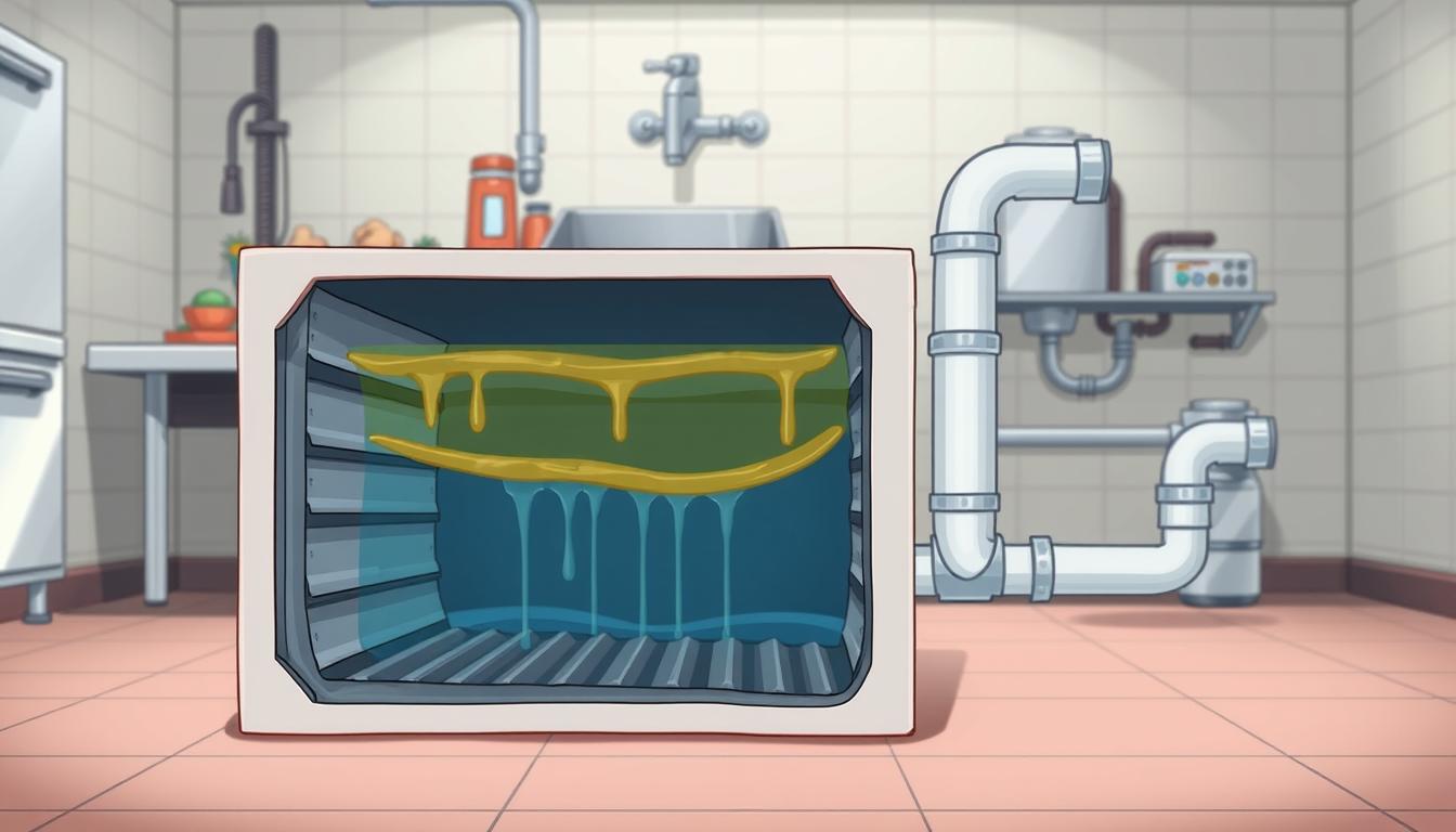 A large grease trap with a cutaway view, revealing its inner workings. In the foreground, a cross-section shows the trap's baffles, allowing grease and oil to separate from the water flow. The middle ground depicts the trap's connections to the kitchen sink and drainage system, emphasizing its role in preventing blockages. The background showcases the overall size and scale of the grease trap, underlining its importance in commercial and industrial kitchens. Lighting is soft and diffused, creating a technical yet approachable atmosphere. The image conveys the essential function of grease traps in maintaining proper plumbing and environmental safety.