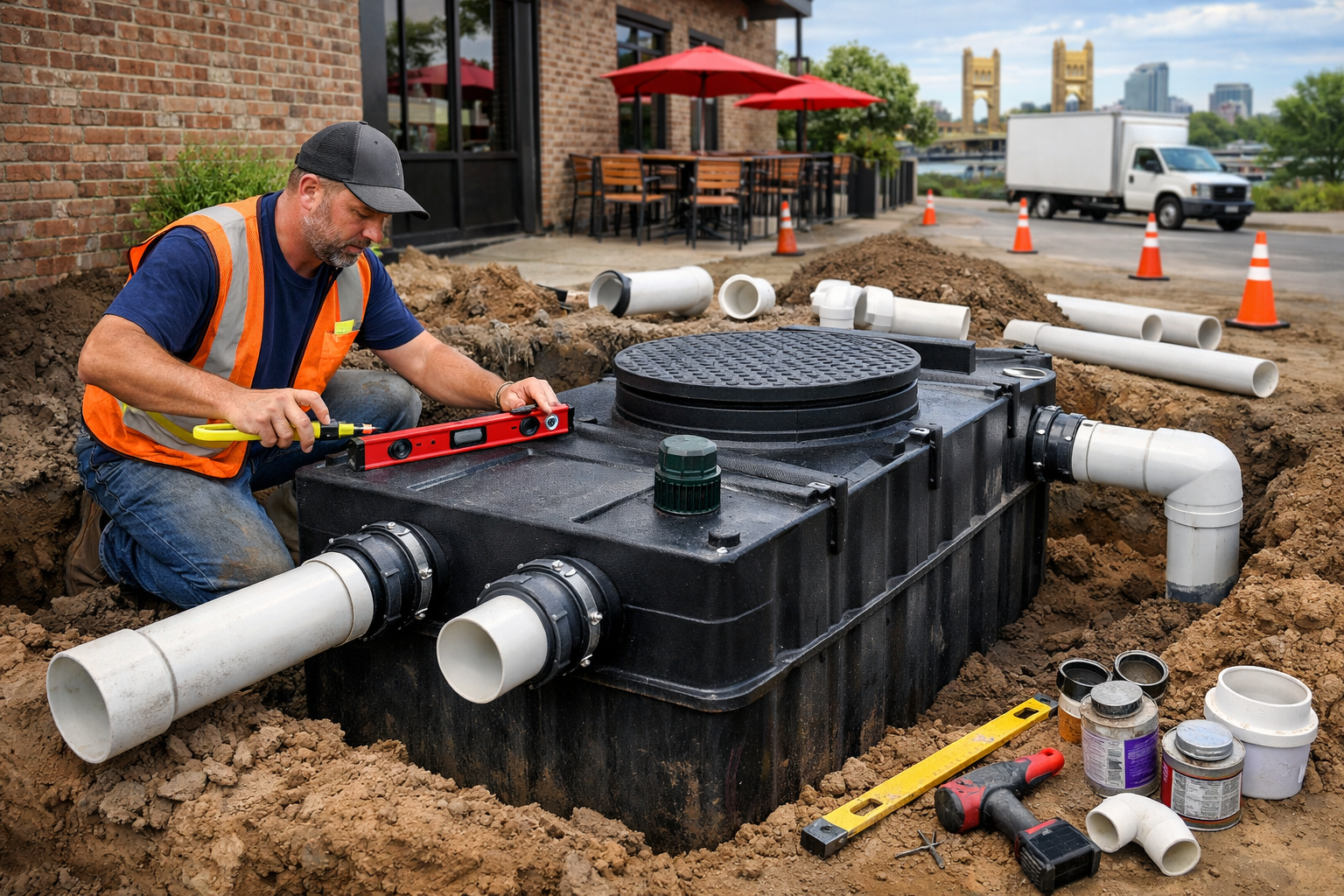 A plane flying over a city with skyscrapers in the background.