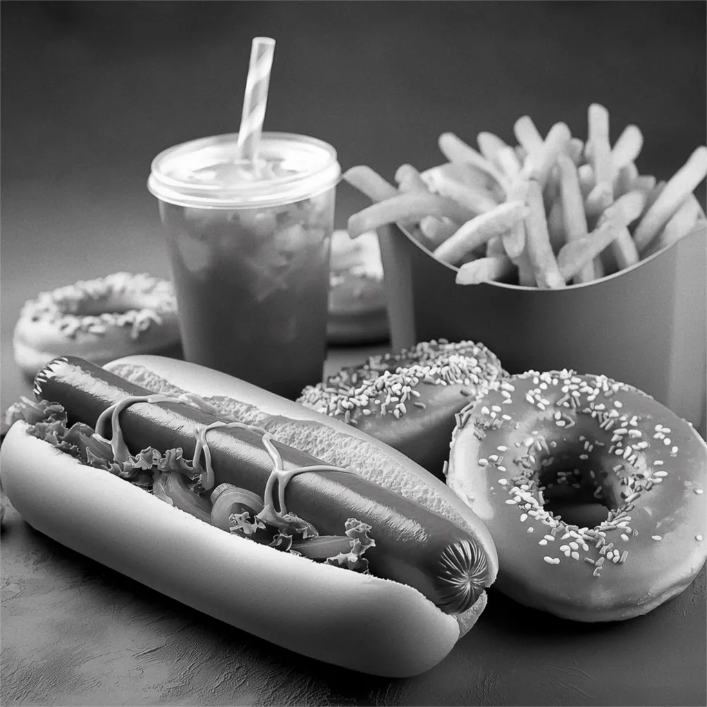 Burger, Donuts, Pommes und Softdrink vor einem rosa Hintergrund.