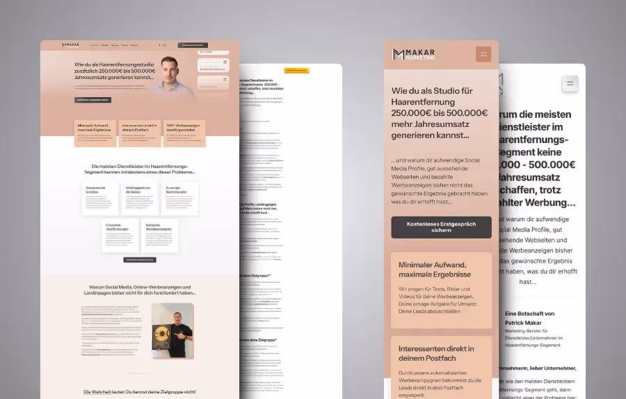 Mockup Webseite Makar Marketing vorher nacher Desktop mobil
