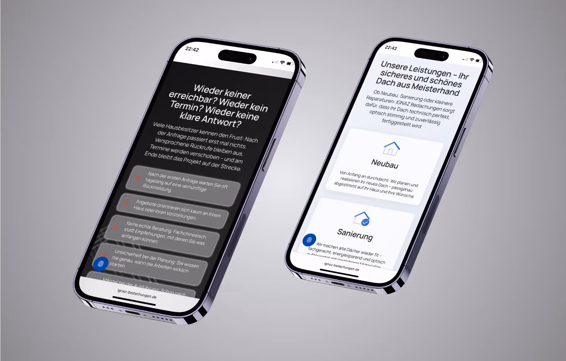 Mockup Webseite IGNAZ Bedachungen Startseite mobil