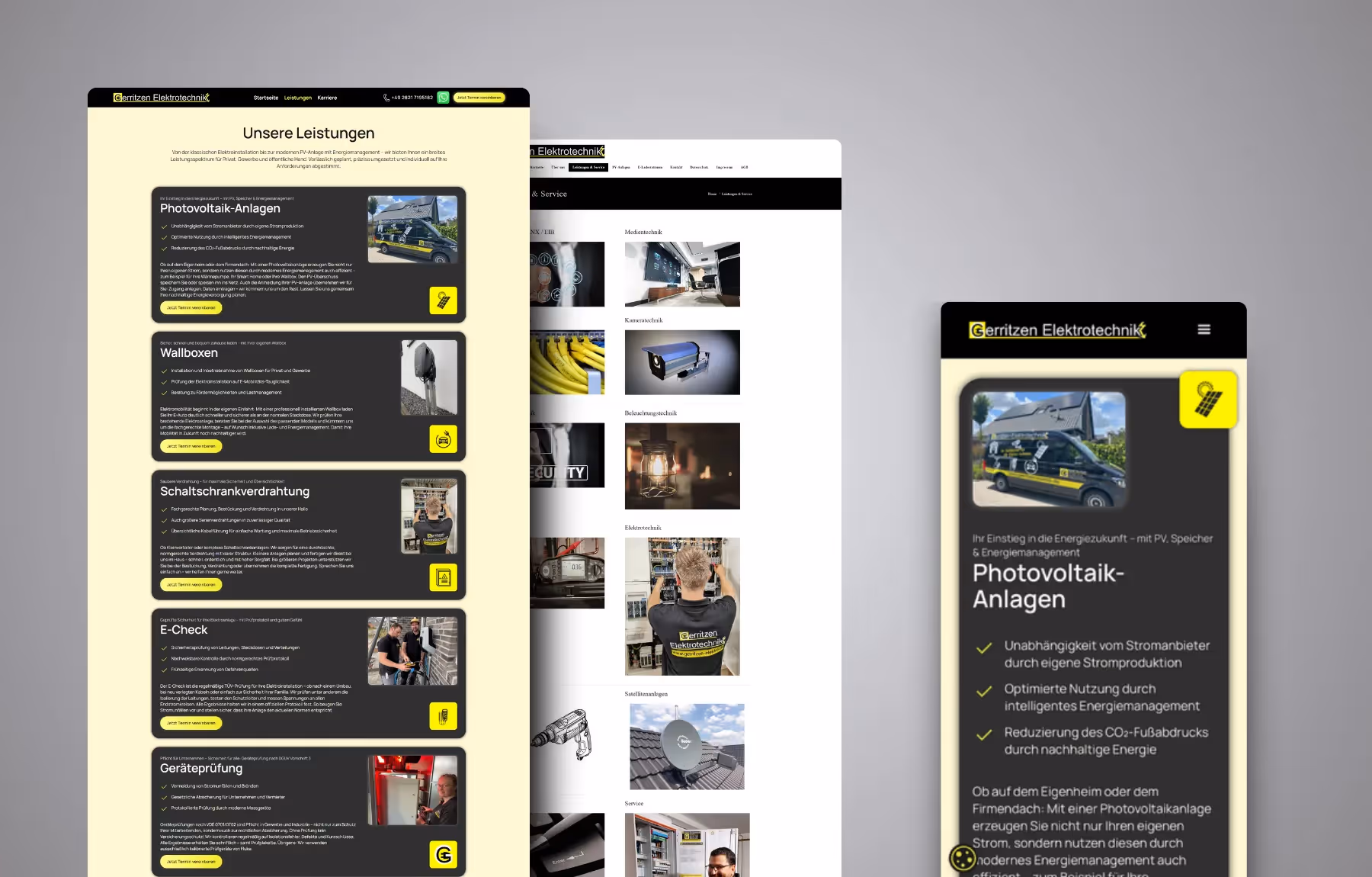 Mockup Webseite Gerritzen Elektrotechnik vorher nachher Leistungen Desktop mobil