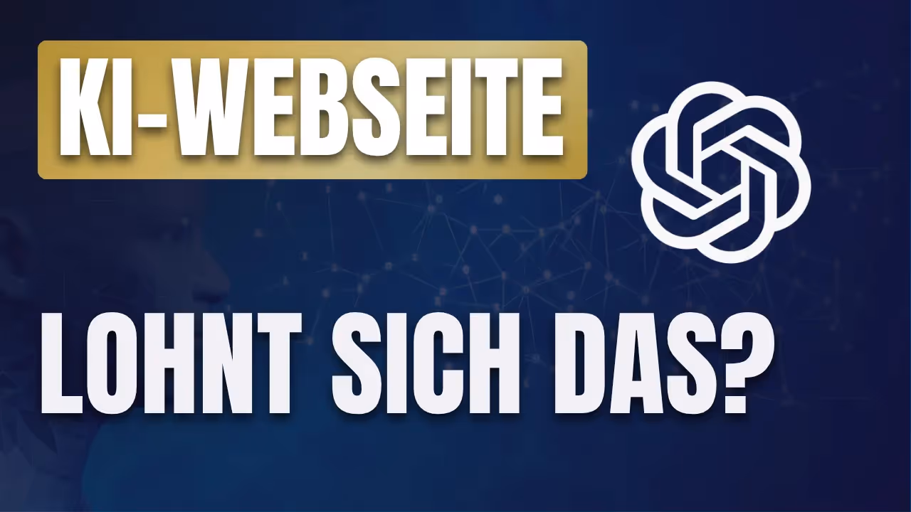 Schriftzug „KI-WEBSITE – Lohnt sich das?“ vor digitalem Hintergrund mit KI-Icon und abstrakter Darstellung eines menschlichen Gesichts im Profil.