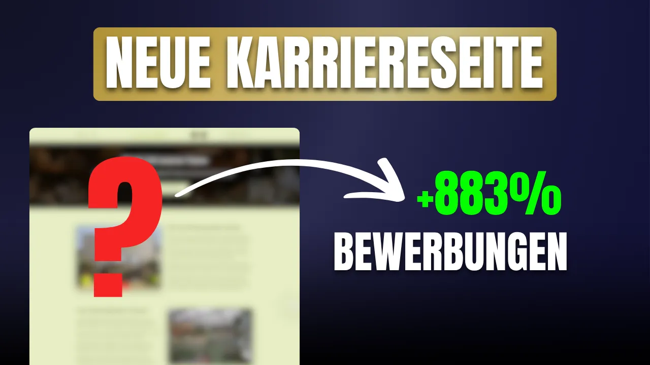 Schriftzug „Neue Karriereseite“ mit unscharfer Webseite von Blumenparadies Hasselt im Hintergrund, großem roten Fragezeichen und einem Pfeil zu „+883 % Bewerbungen“ in grüner Schrift.