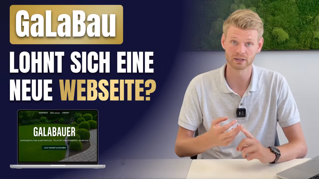 Schriftzug „GaLaBau – Lohnt sich eine neue Webseite?“ mit einem sprechenden Mann am Tisch und einem Laptop, auf dem eine Beispiel-Webseite für Garten- und Landschaftsbauer zu sehen ist.