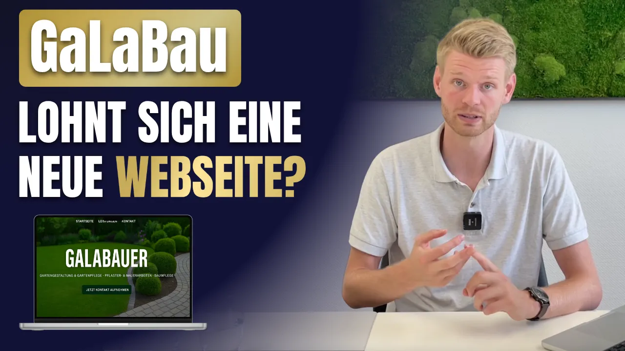 Schriftzug „GaLaBau – Lohnt sich eine neue Webseite?“ mit einem sprechenden Mann am Tisch und einem Laptop, auf dem eine Beispiel-Webseite für Garten- und Landschaftsbauer zu sehen ist.